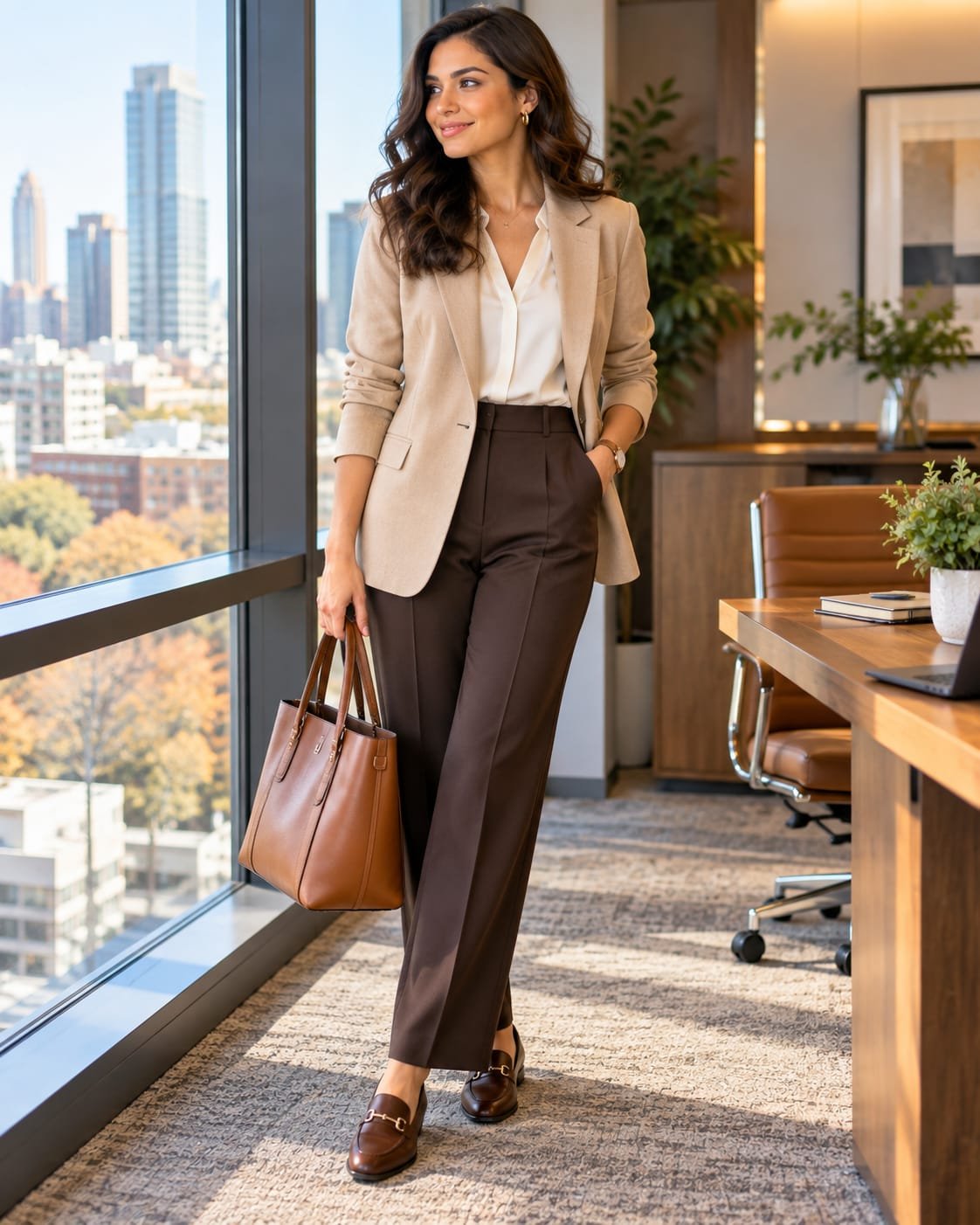 Woman wearing a beige blazer with dark tailored trousers for a polished office outfit.