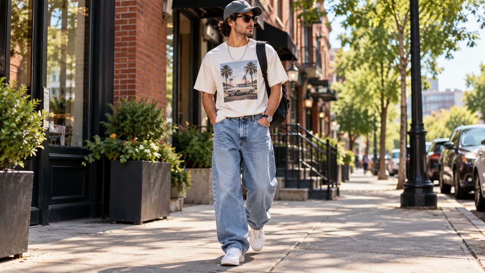 90s style for men with baggy jeans and a graphic tee on a Chicago street