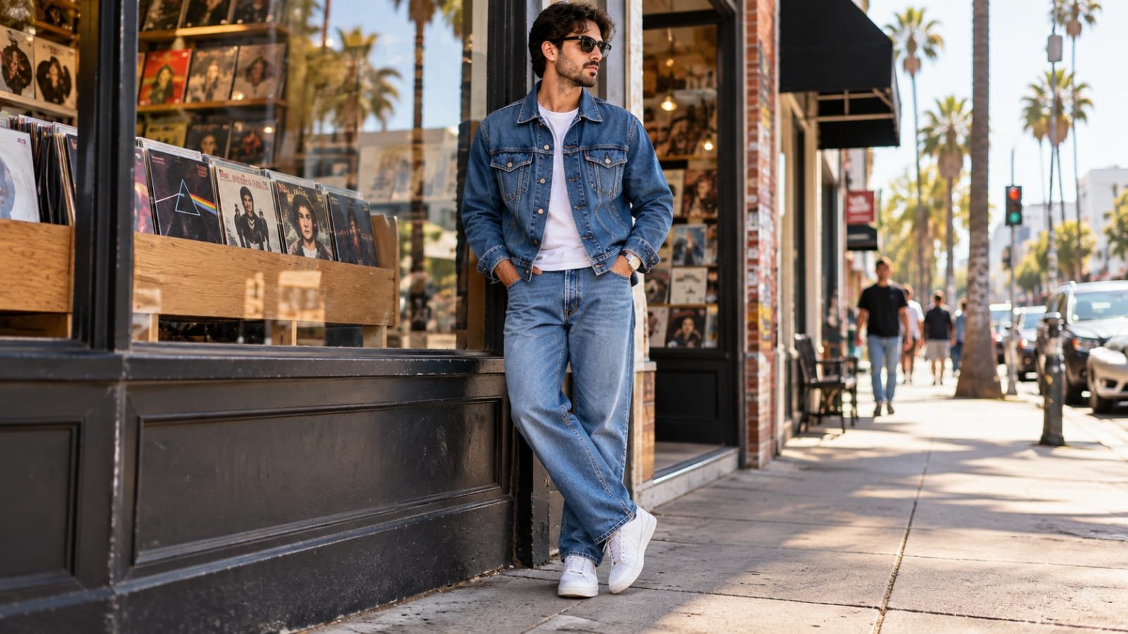 Man wearing a blue denim jacket with straight-leg jeans in a 90s-inspired outfit