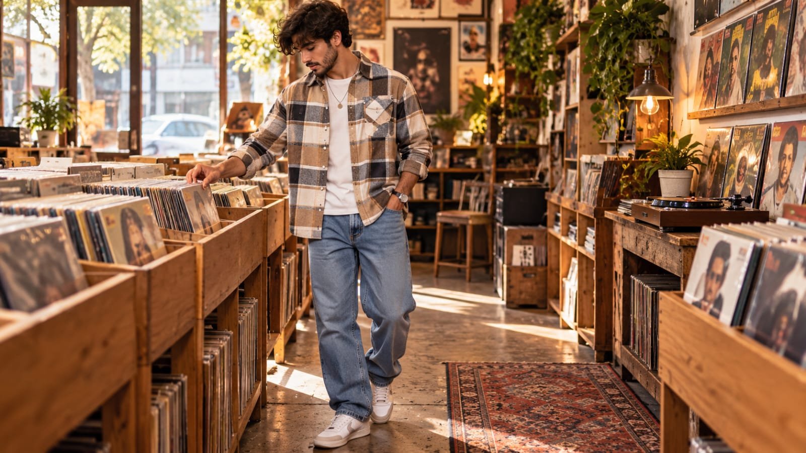 Man wearing a brown plaid flannel shirt with relaxed jeans in a 90s-inspired outfit