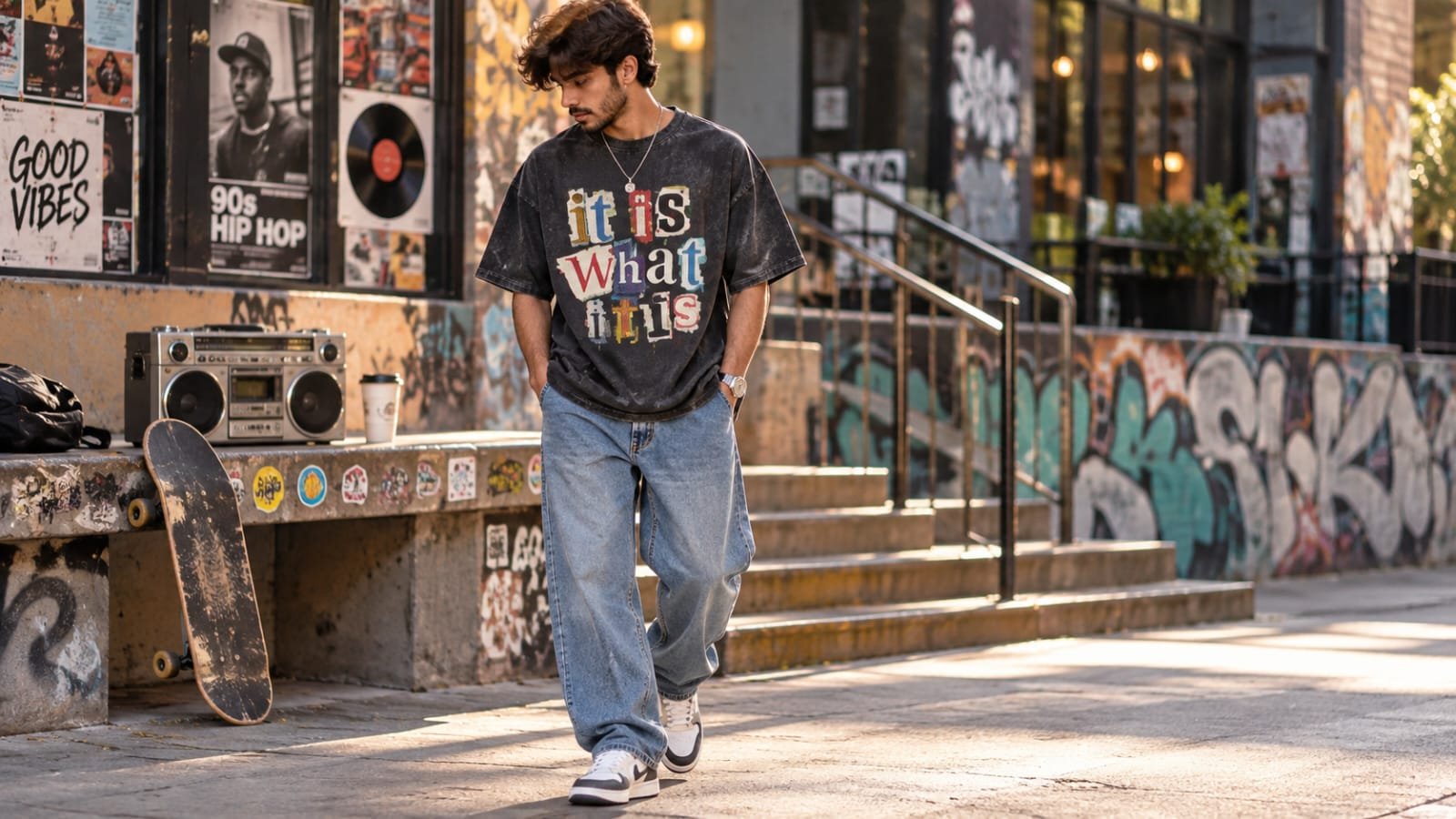 Man wearing an oversized graphic T-shirt with baggy jeans in a 90s hip-hop inspired outfit
