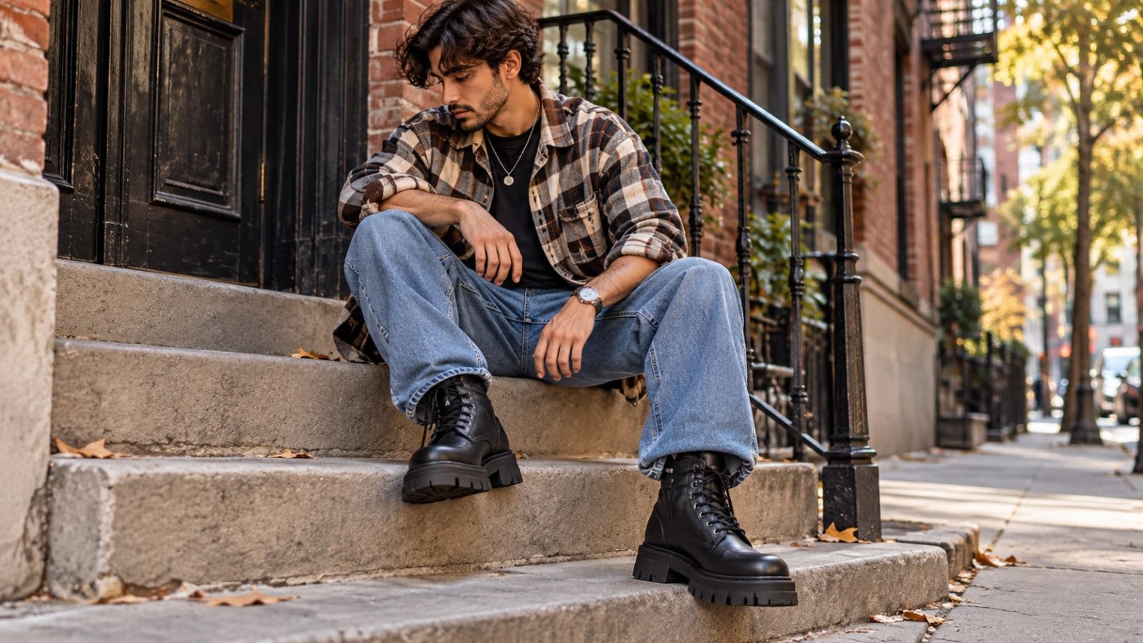 Man wearing a flannel shirt, relaxed jeans, and black combat boots for a 90s grunge outfit