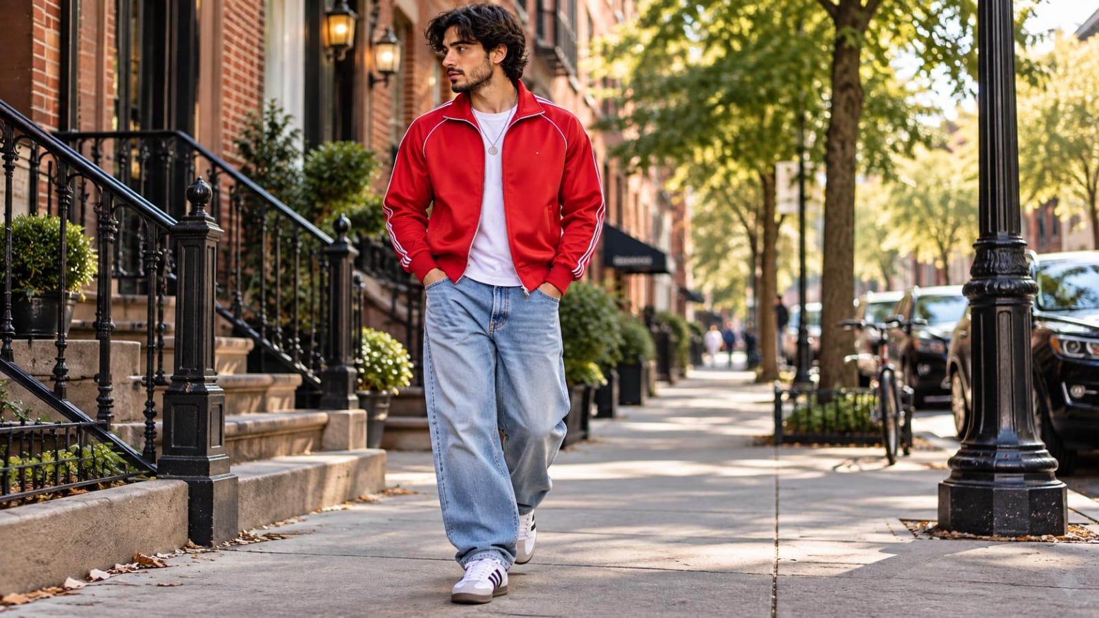 Man wearing a red retro track jacket with relaxed jeans and sneakers in a 90s-inspired outfit
