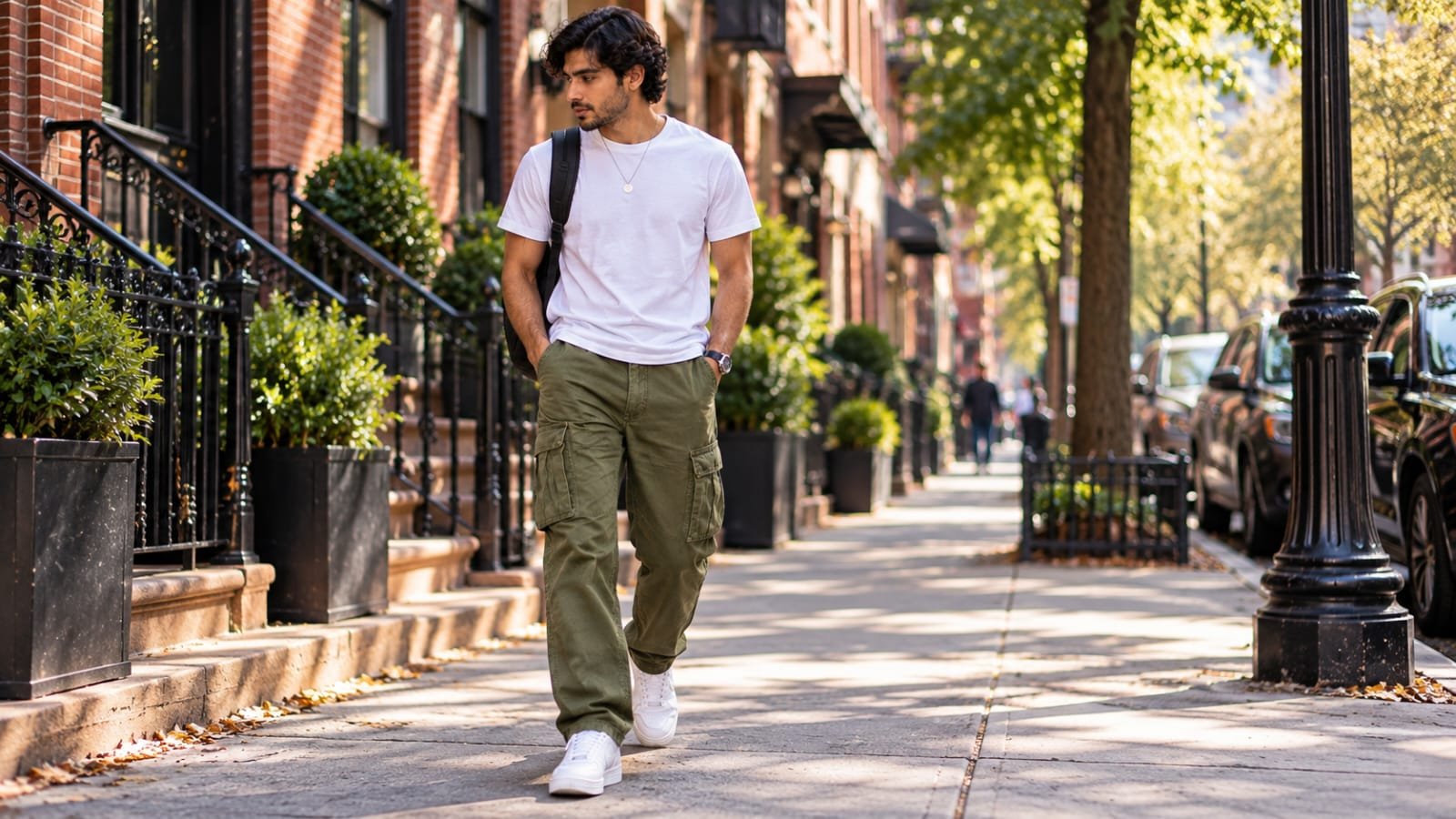 Young man wearing a white T-shirt and olive green cargo pants with retro white sneakers for a relaxed 90s-inspired men's outfit.