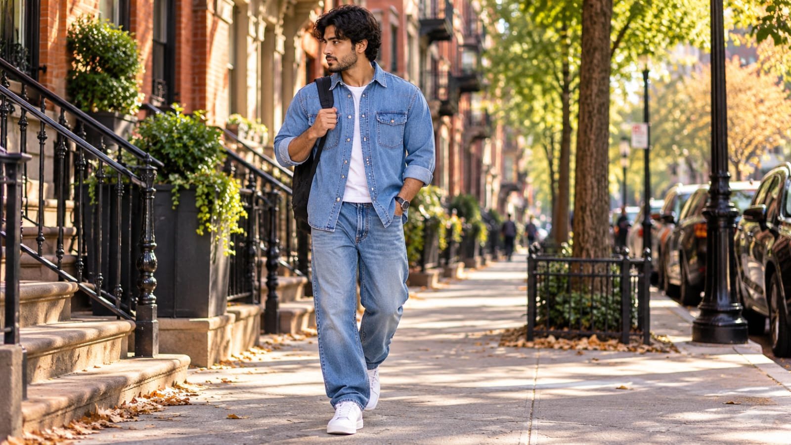 Man wearing a denim shirt over a white T-shirt with relaxed jeans and white sneakers for a 90s-inspired men's outfit.