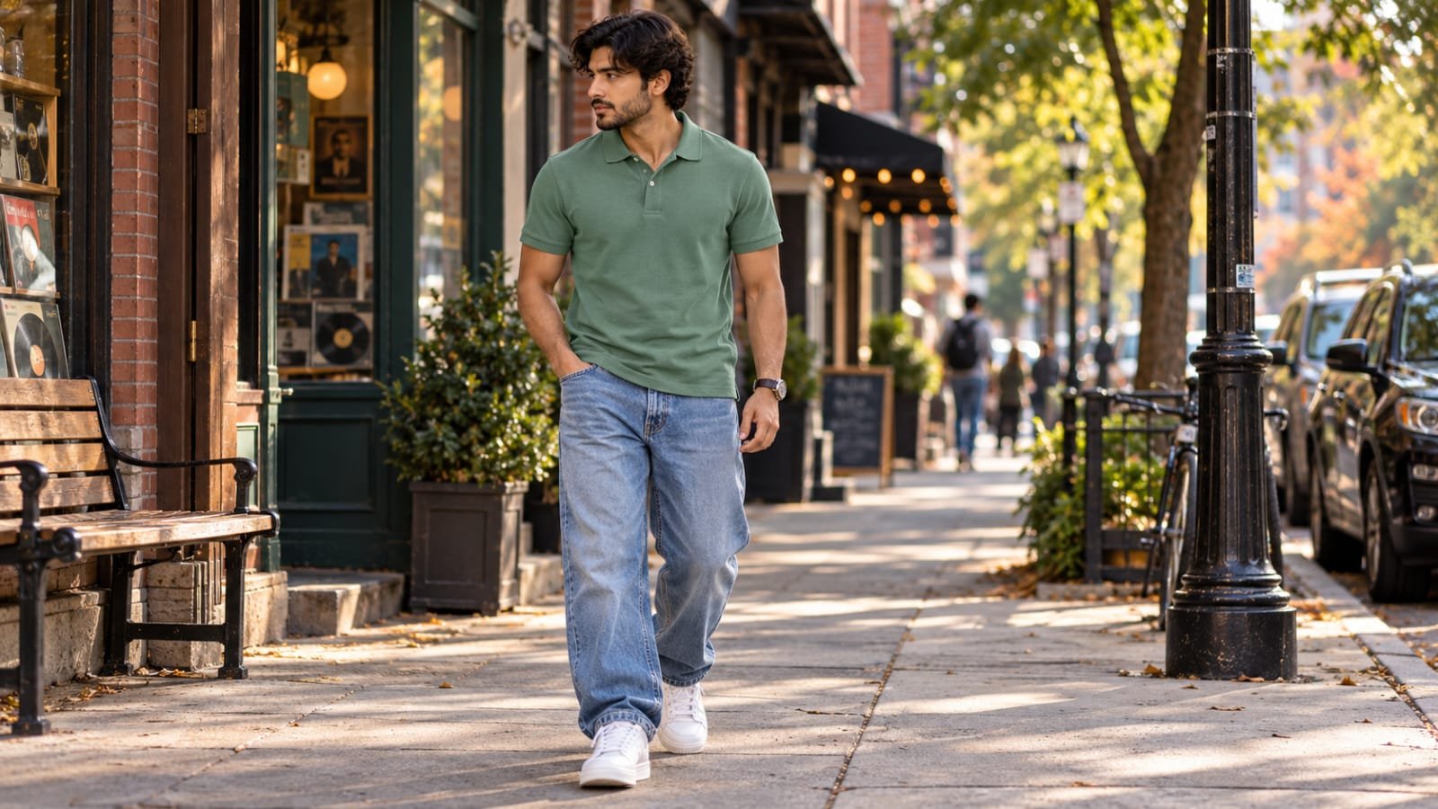 Man wearing a denim shirt over a white T-shirt with relaxed jeans and white sneakers for a 90s-inspired men's outfit.