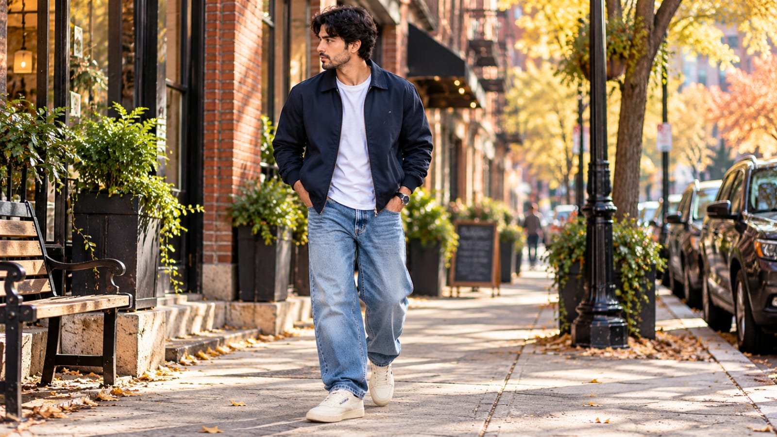 Man wearing a navy jacket, white T-shirt, relaxed jeans, and retro sneakers for a classic 90s-inspired streetwear outfit.