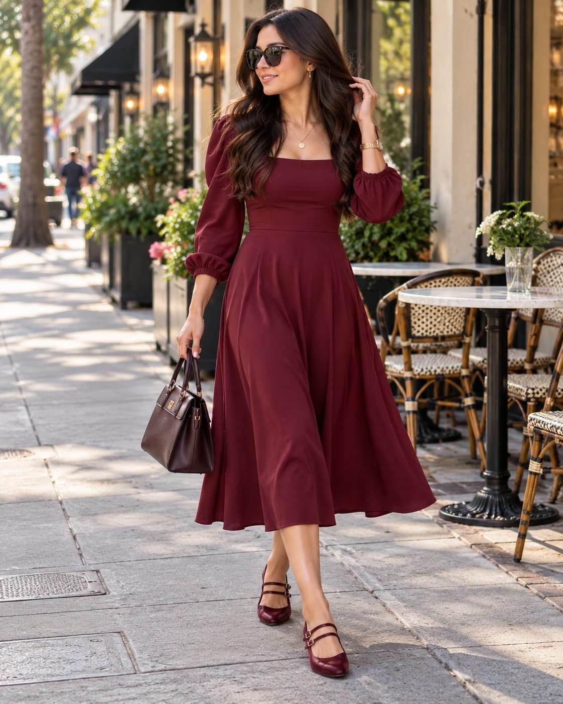 Woman wearing a burgundy midi dress with matching burgundy Mary Jane flats on a city street