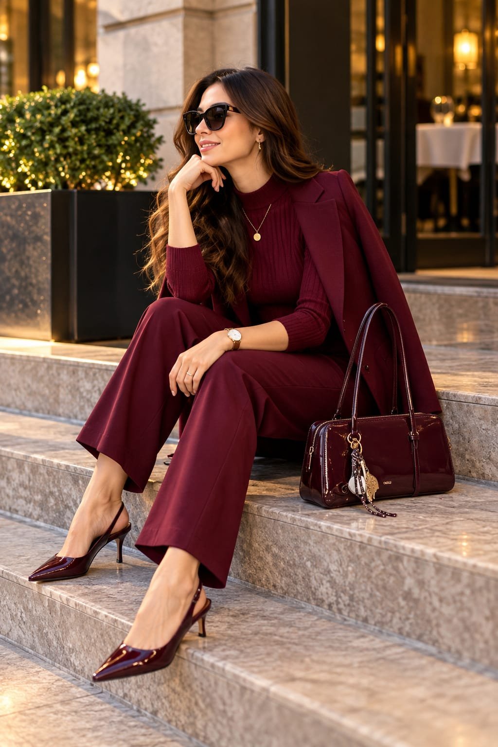 Woman wearing a head-to-toe burgundy monochrome outfit with a matching structured handbag outside an upscale restaurant