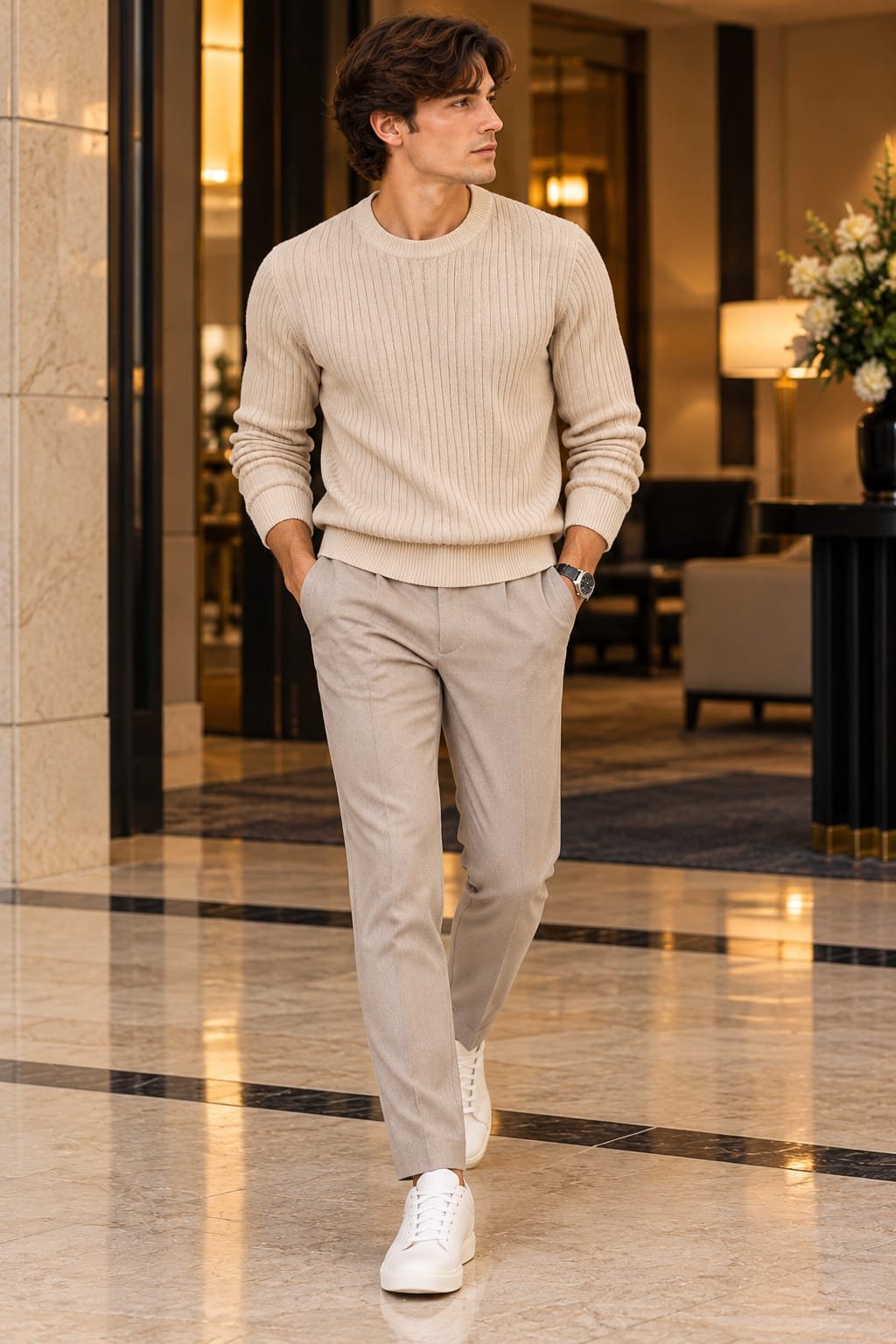 Man wearing a cream fine-knit sweater with tailored trousers and white sneakers in an elegant hotel lobby.