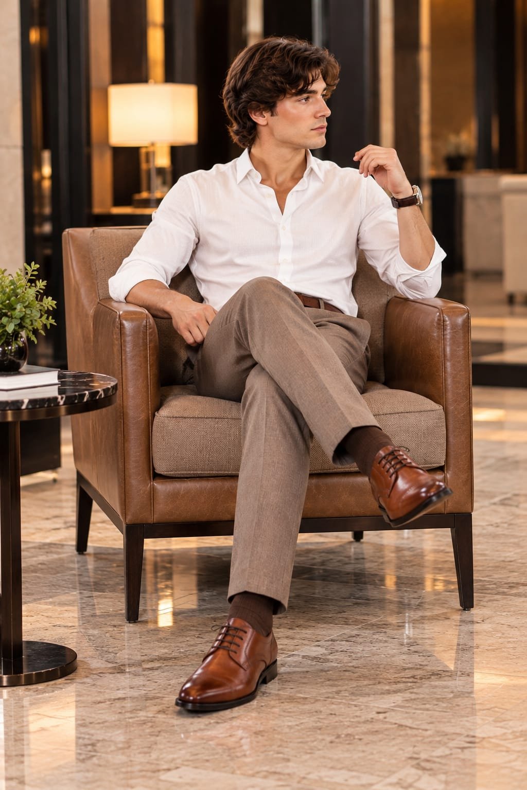 Man wearing a white dress shirt, taupe trousers, and brown leather dress shoes while seated in an upscale lounge.