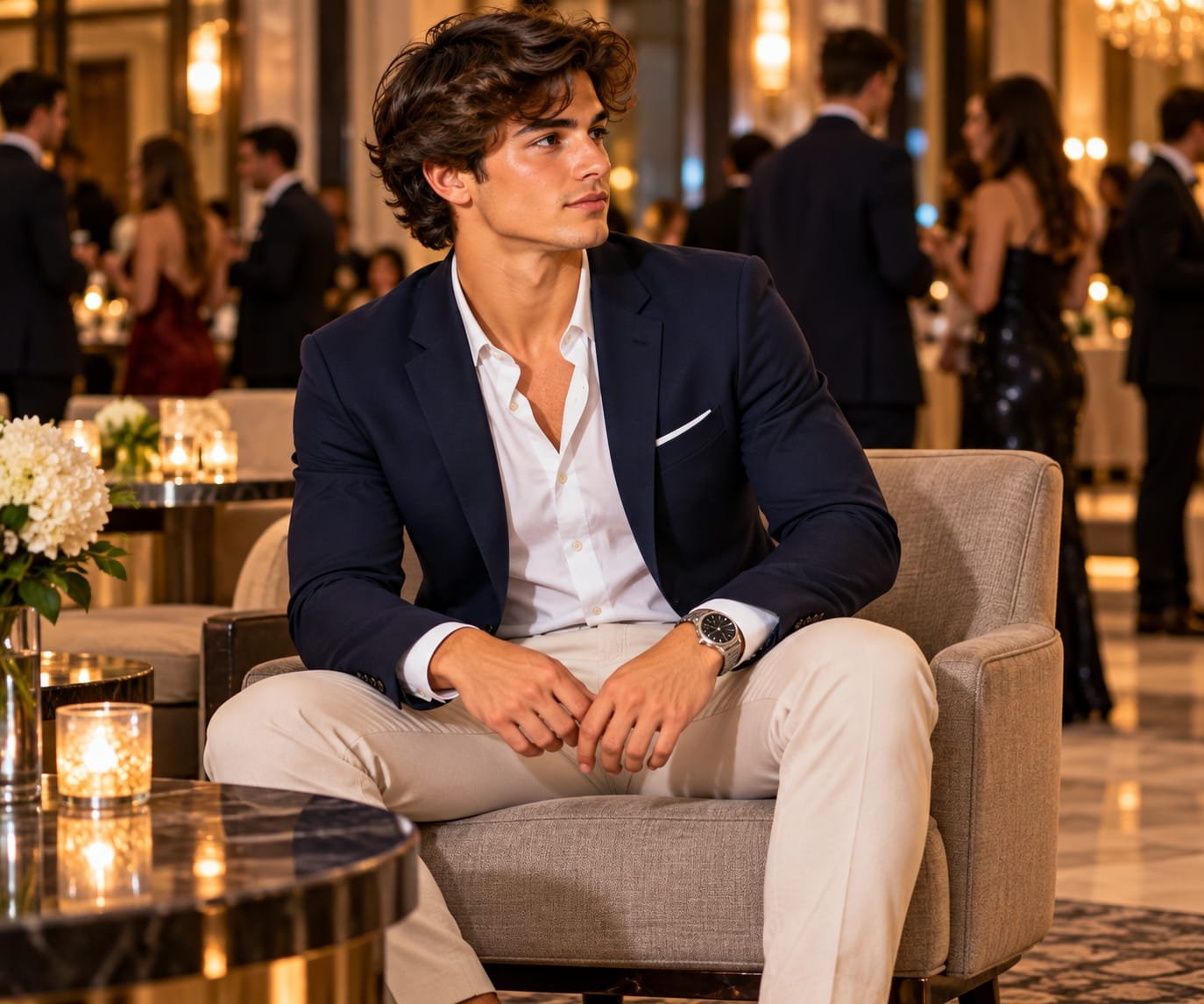 Man wearing a navy blazer and open-collar white shirt at an elegant homecoming event