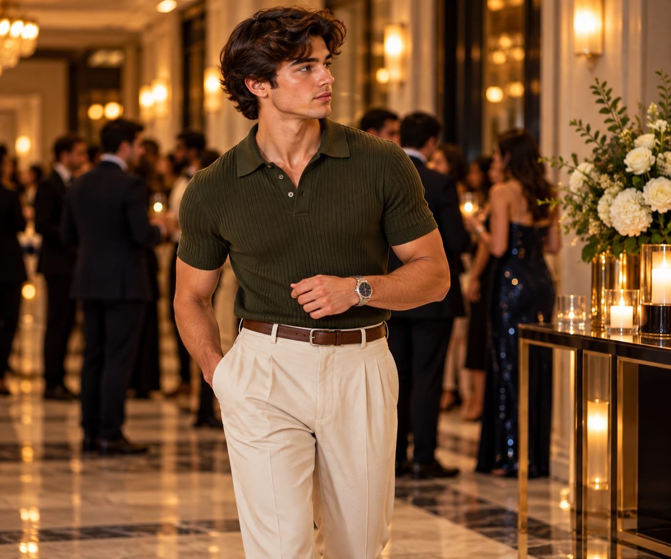Man wearing an olive knit polo and pleated cream trousers at an elegant homecoming event