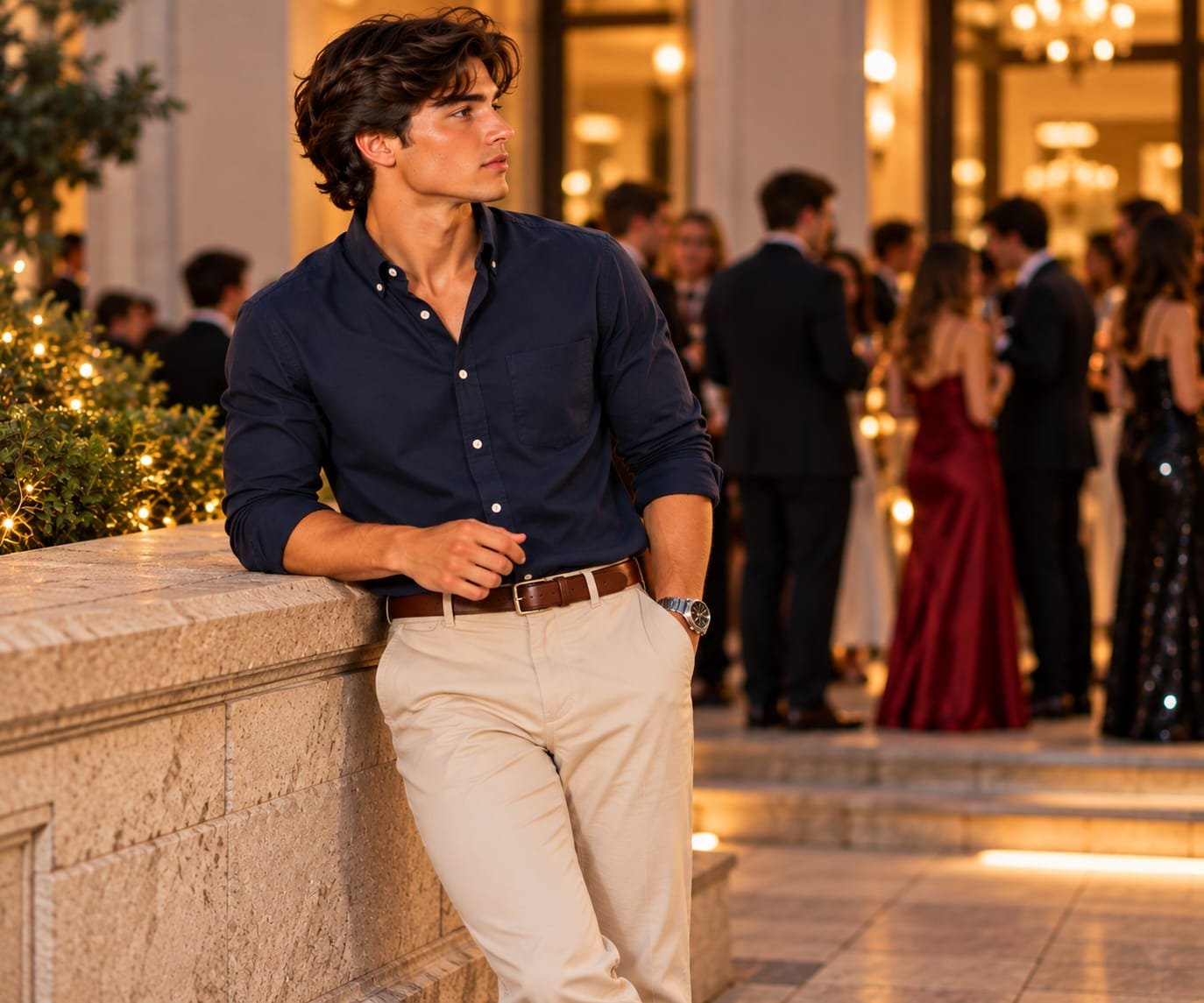 Man wearing a navy Oxford shirt and beige chinos at an elegant homecoming event