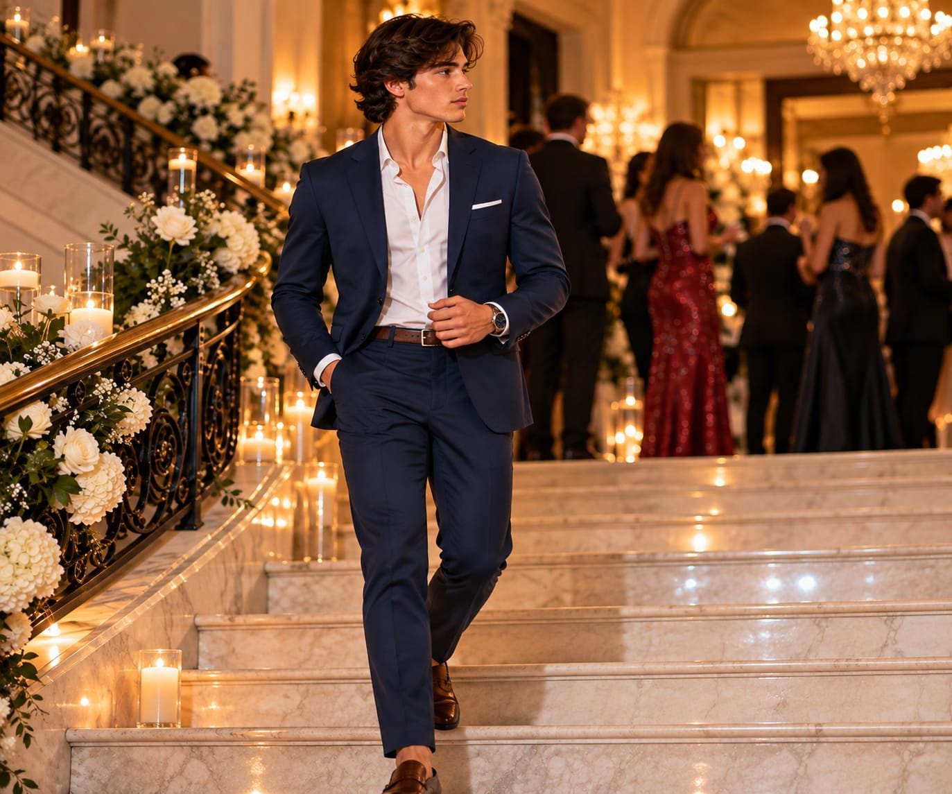 Man wearing a navy suit with a white open-collar shirt at a formal homecoming event