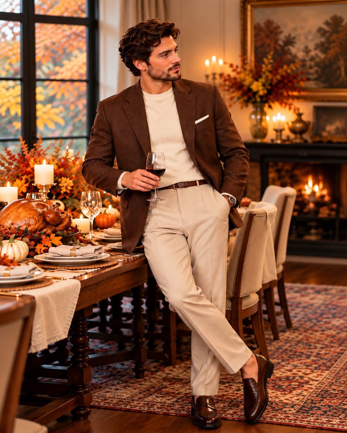 Man wearing a chocolate brown blazer, ivory knit sweater, and tailored trousers at an elegant Thanksgiving dinner.
