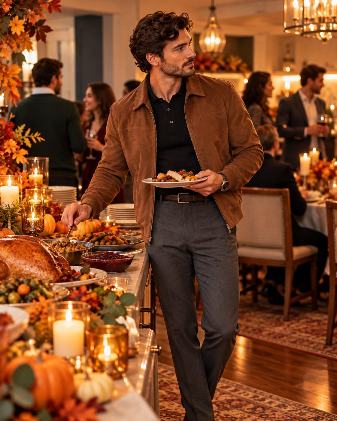 Man wearing a brown suede jacket and black knit polo while serving food at an elegant Thanksgiving dinner party.