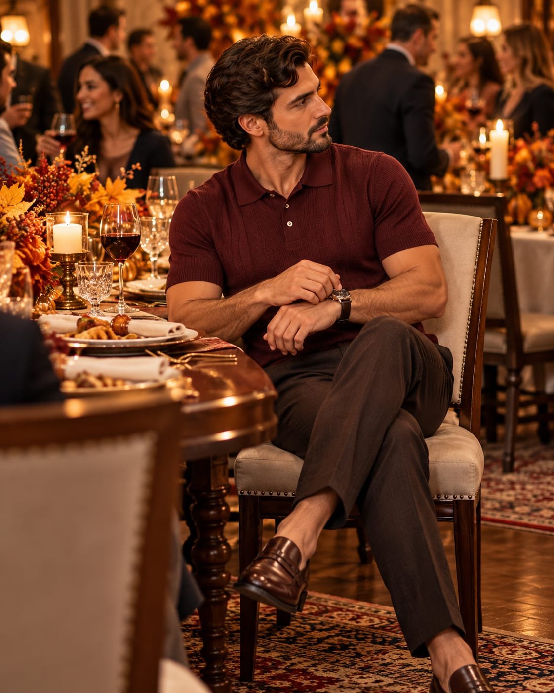 Man wearing a burgundy knit polo with dark brown tailored trousers and leather loafers at an elegant Thanksgiving dinner party.