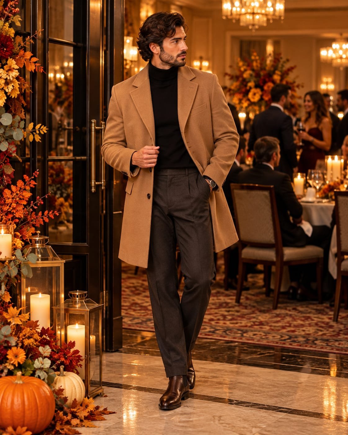 Man wearing a camel wool overcoat, black turtleneck, pleated trousers, and leather Chelsea boots at an elegant Thanksgiving dinner event.