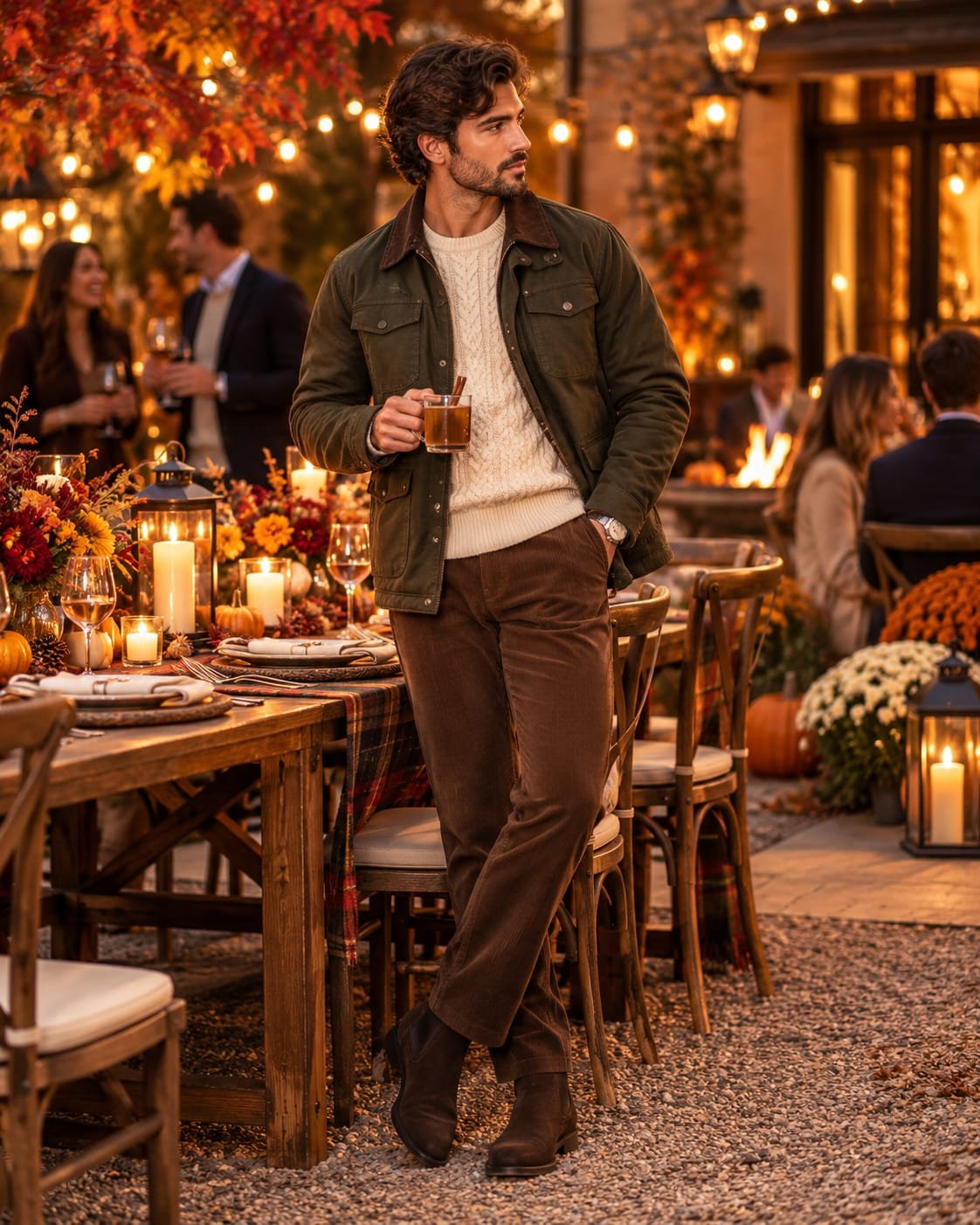 Man wearing an olive waxed jacket, cream cable-knit sweater, brown corduroy trousers, and suede boots at an outdoor Thanksgiving dinner party.