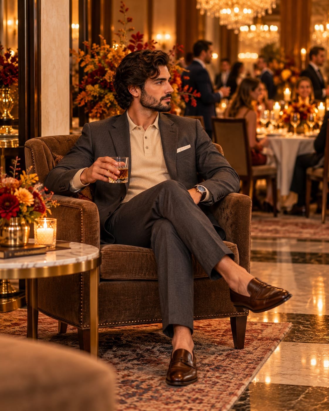 Man wearing a charcoal suit, cream knit polo, and brown leather loafers at an elegant Thanksgiving dinner event.