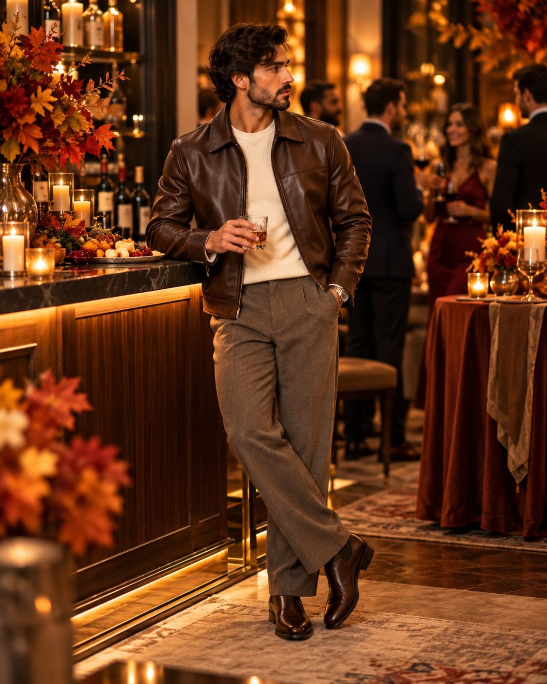 Man wearing an espresso brown leather jacket, ivory knit sweater, tailored trousers, and leather boots at an elegant Thanksgiving cocktail party.