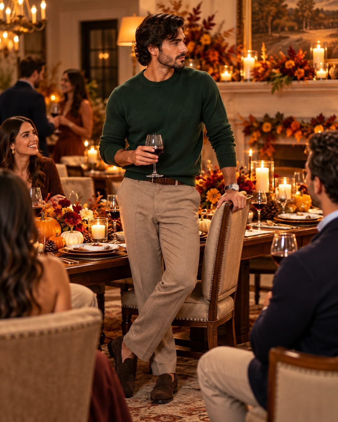 Man wearing a forest green sweater, taupe trousers, and brown suede loafers at an elegant Thanksgiving dinner.