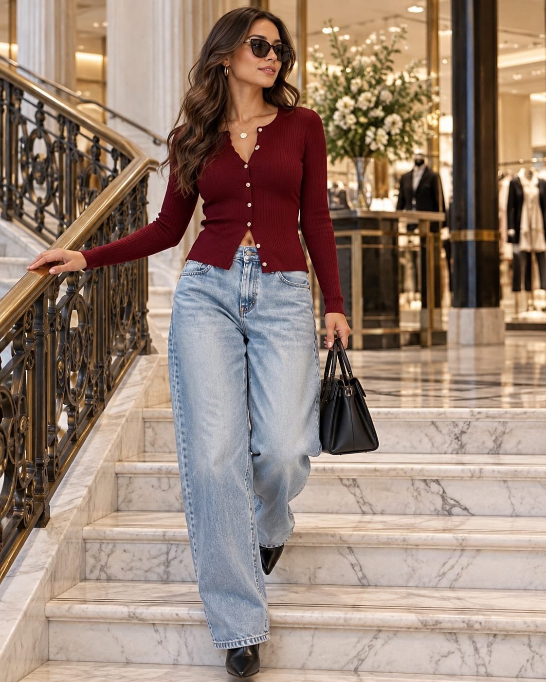 Woman wearing a fitted burgundy cardigan with baggy jeans on a luxury marble staircase.