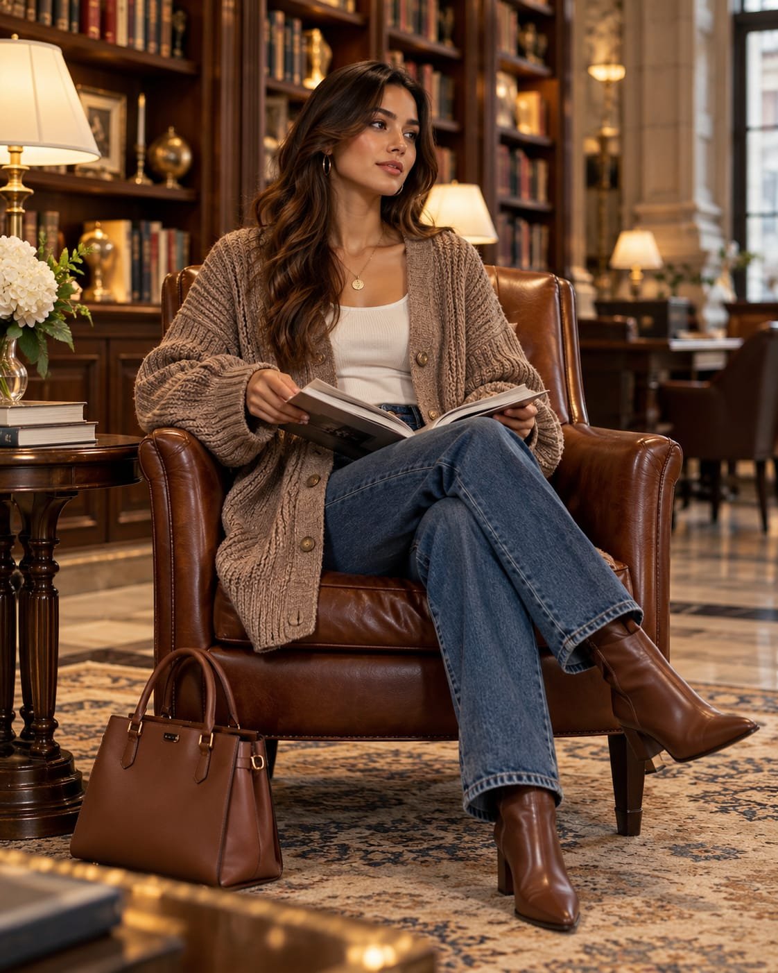 Woman wearing a chunky taupe cardigan with jeans and brown ankle boots while reading a book in an elegant library lounge.
