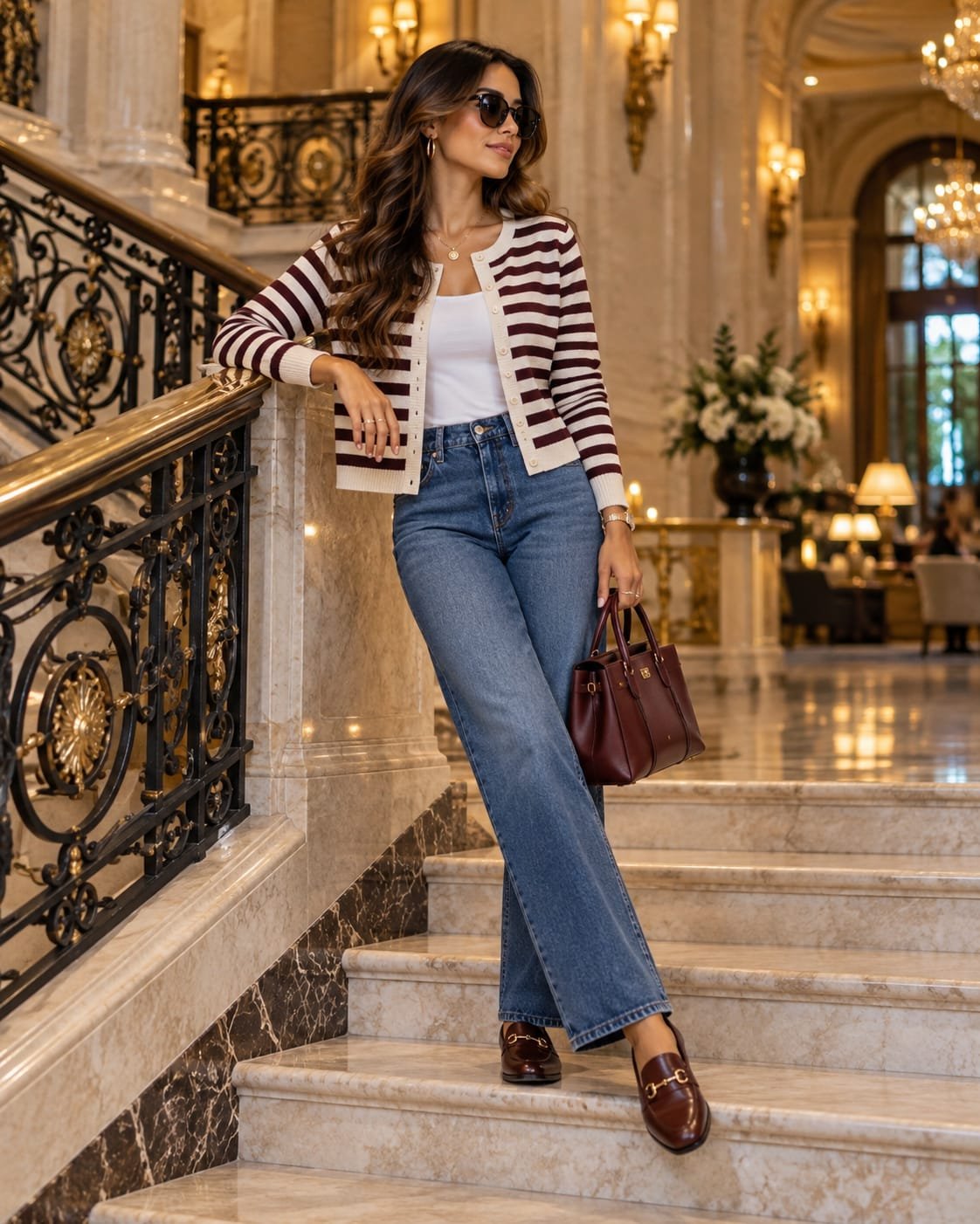 Woman wearing a striped cardigan with classic blue jeans and brown loafers on an elegant marble staircase.
