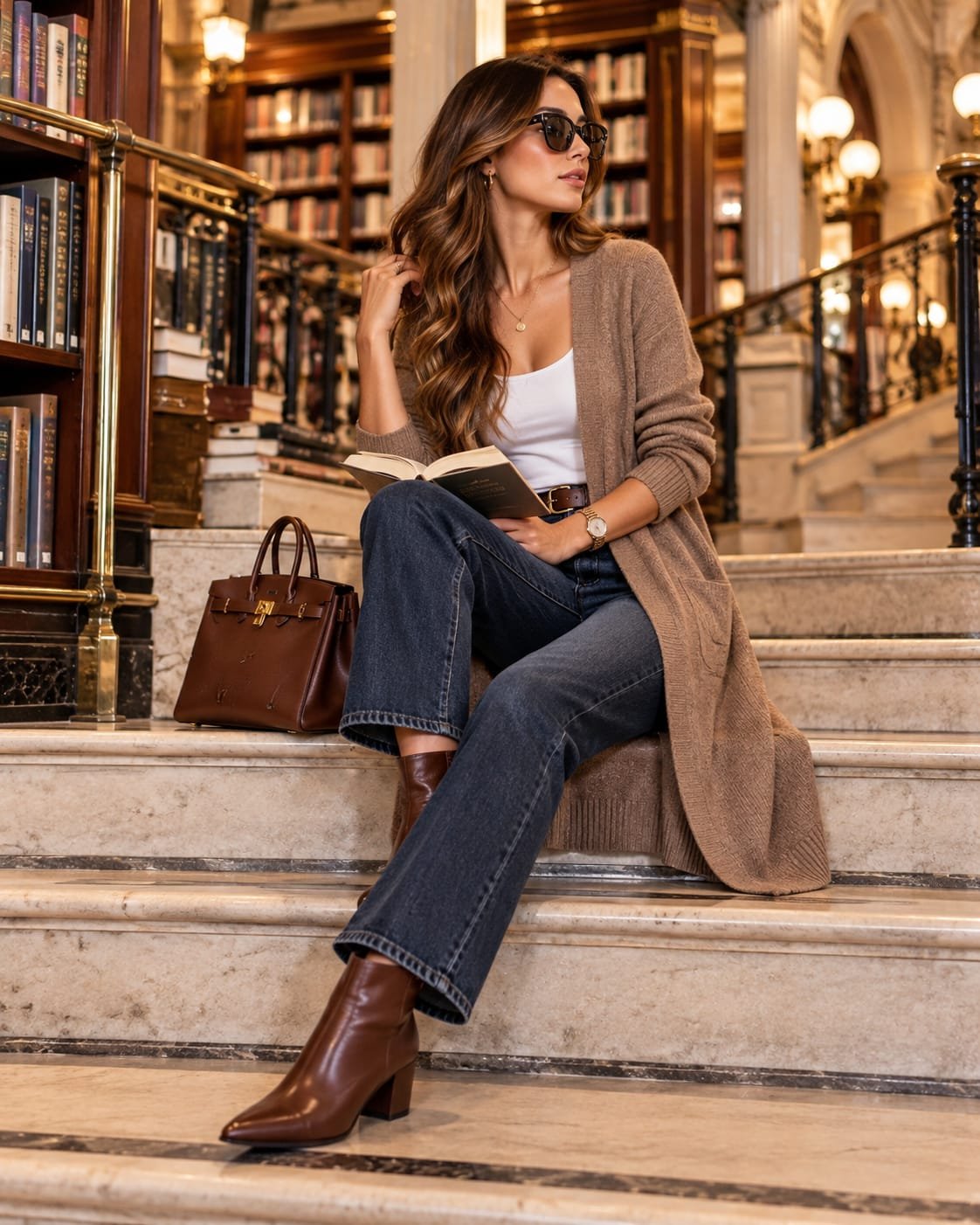 Woman wearing a taupe long cardigan with dark straight-leg jeans and brown ankle boots on a grand library staircase.