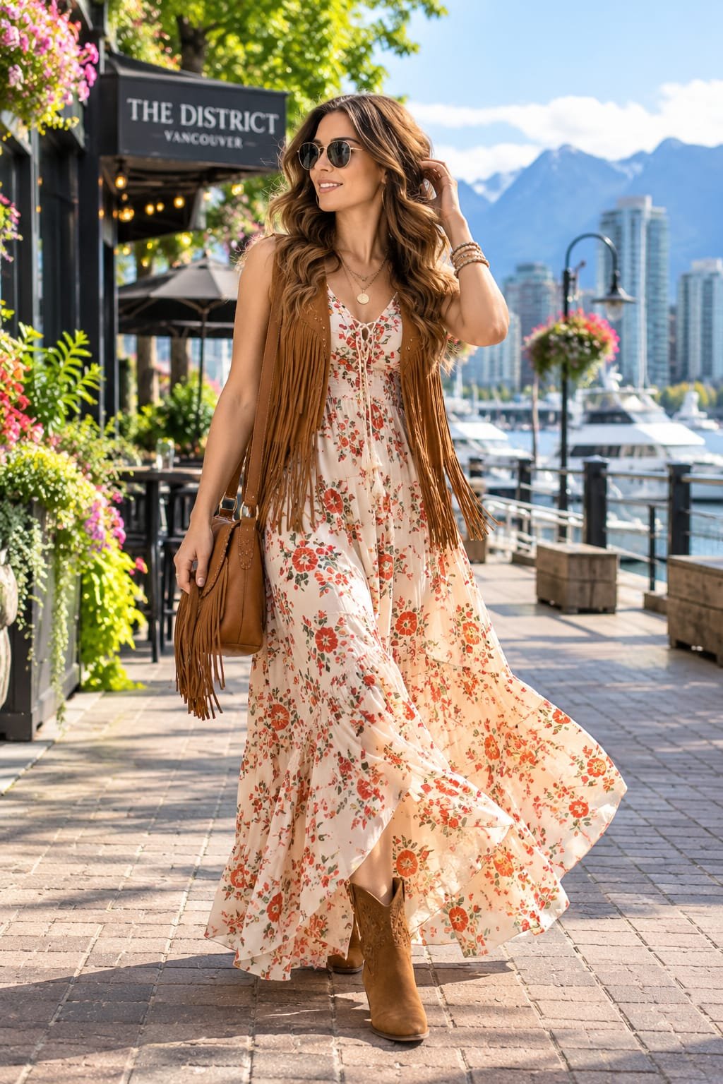 Woman wearing a floral maxi dress and suede fringe vest while walking along Vancouver’s waterfront in a 1970s-inspired hippie outfit.