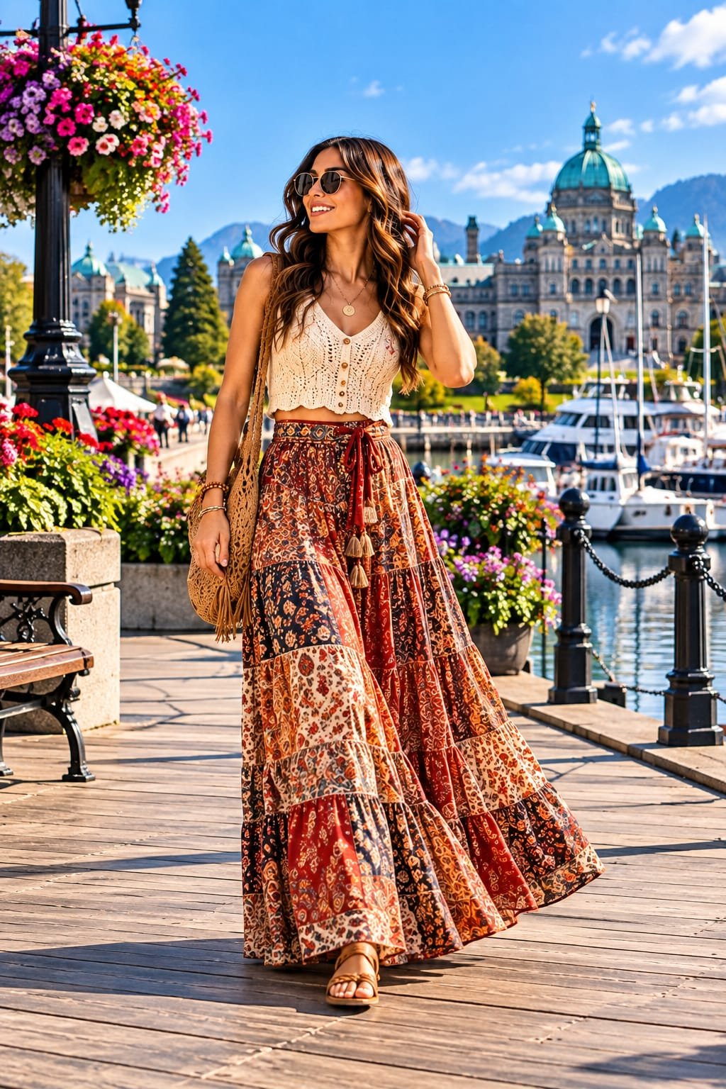 Woman wearing a flowing patchwork boho maxi skirt and cream crochet top while walking along Victoria Inner Harbour in British Columbia, creating a relaxed 1970s-inspired hippie outfit.