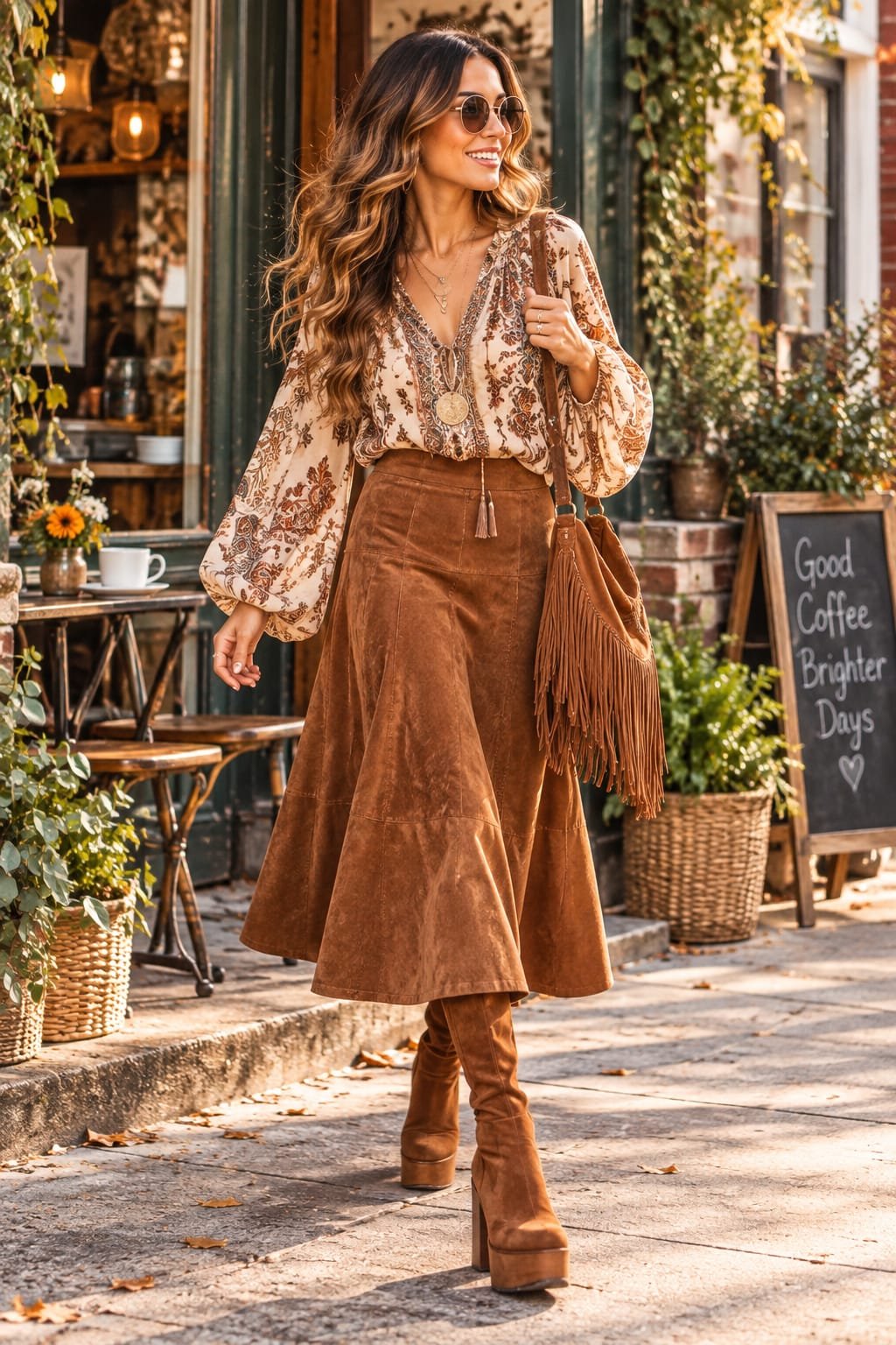 Woman wearing a brown suede A-line midi skirt, flowy paisley blouse, platform boots, layered necklaces, and a fringe bag outside a cozy boho café.