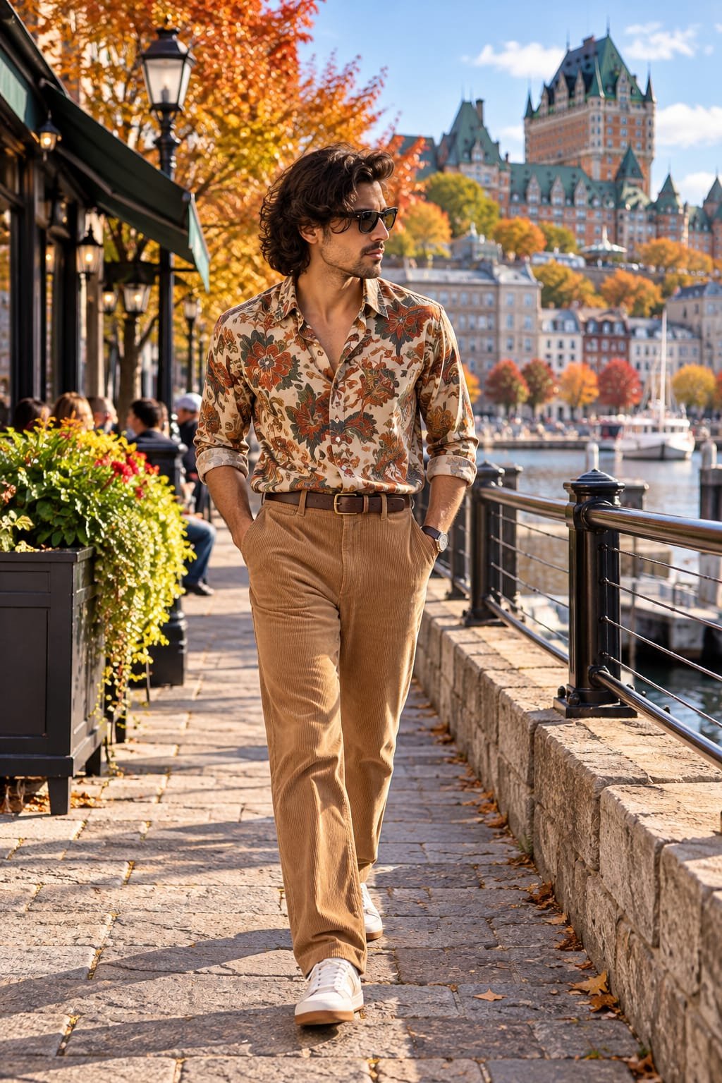 Man wearing a vintage floral shirt with tan corduroy trousers and white sneakers.