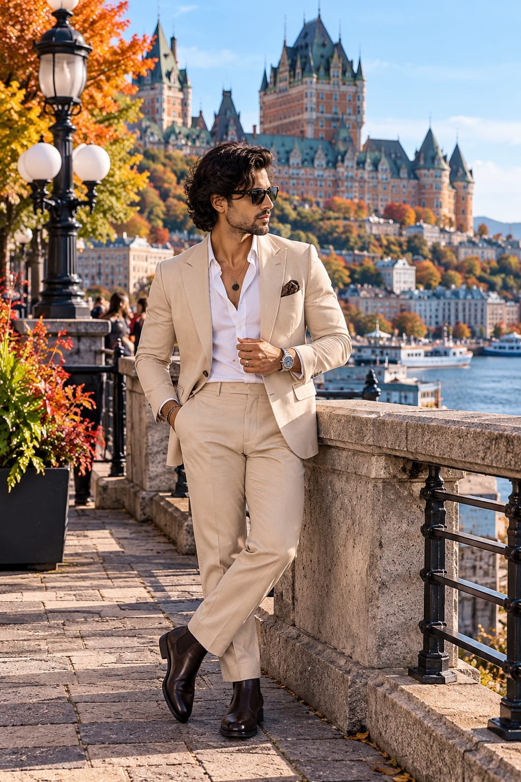 Man wearing a monochrome cream suit with sunglasses, a necklace, and Chelsea boots.