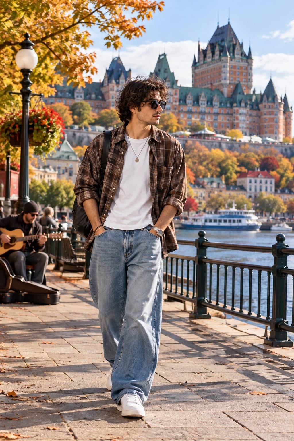Stylish man wearing a floral shirt, cream trousers, sunglasses, and Chelsea boots on a Canadian waterfront.