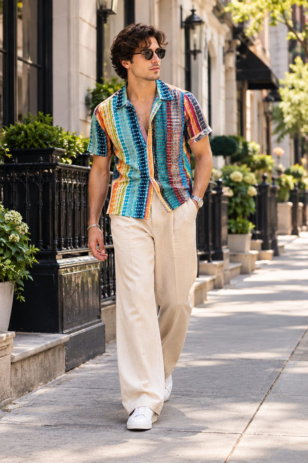 Man wearing a colorful striped shirt, cream wide-leg trousers, and sunglasses on a city street.