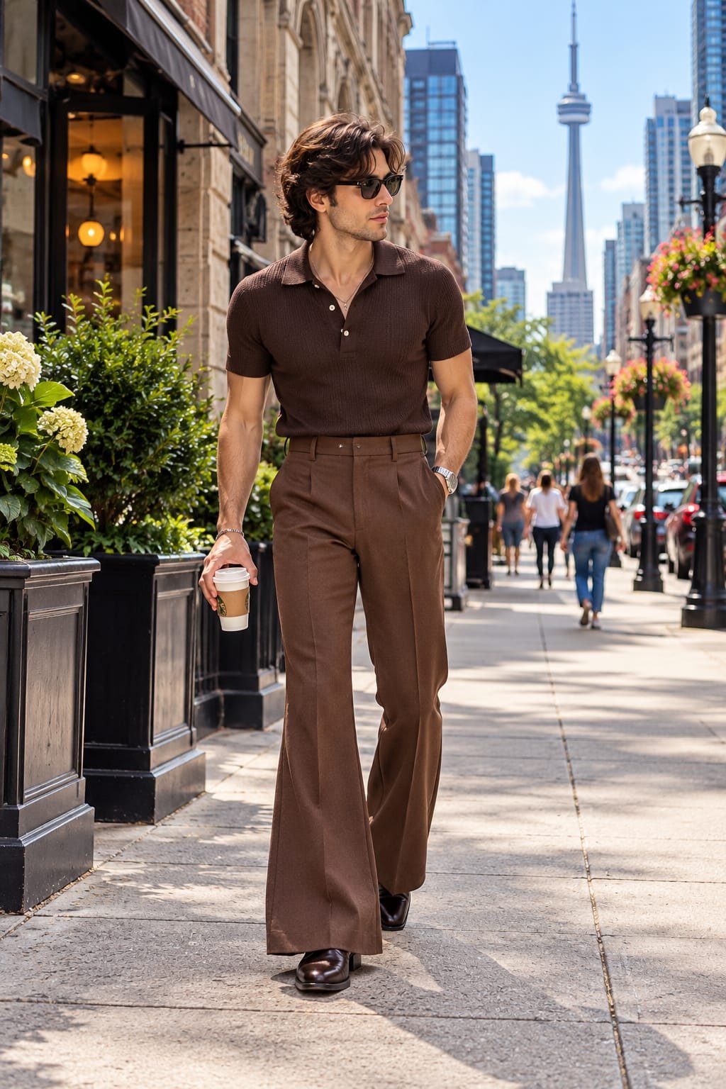 Man wearing a fitted brown knit polo with brown flared trousers and loafers on a Toronto street.