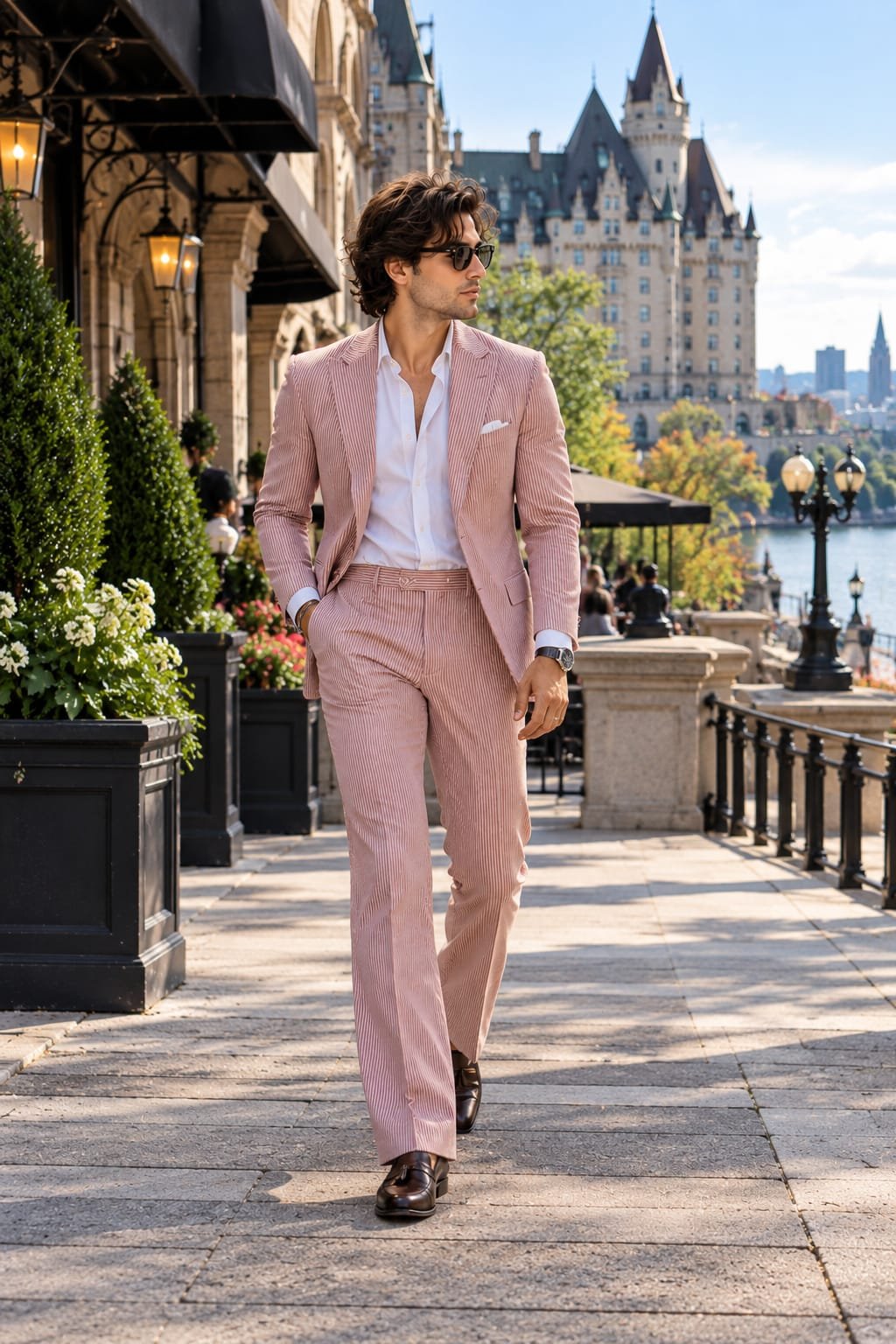 Man wearing a pink striped statement suit with a white shirt and loafers in Old Québec City.
