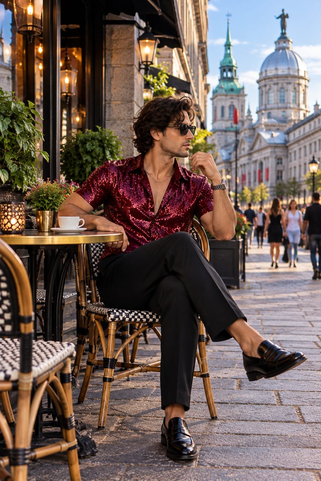Man wearing a burgundy sequin shirt and black trousers seated at a café in Montréal.