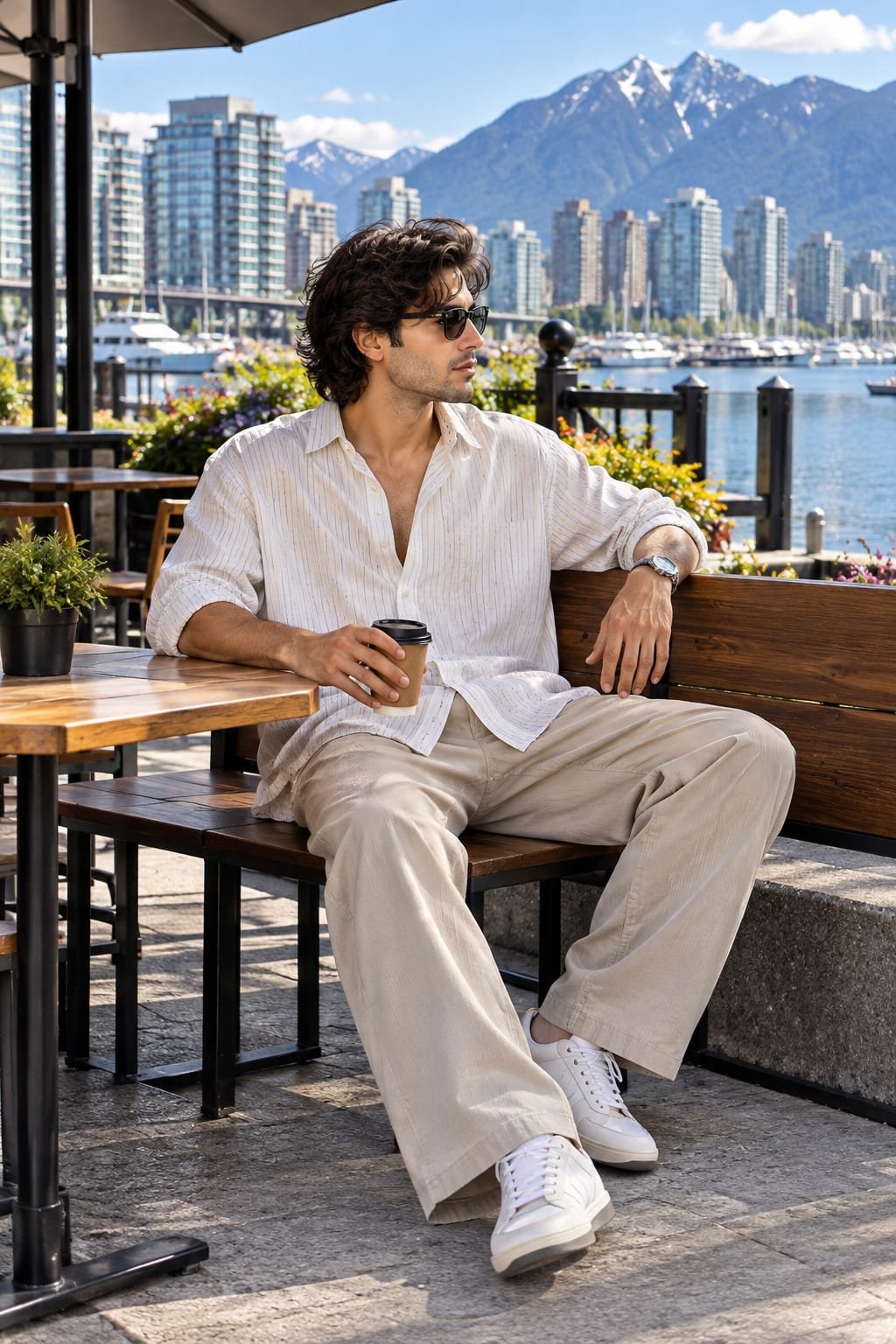 Man wearing an oversized white button-down shirt with relaxed beige trousers at a Vancouver waterfront café.