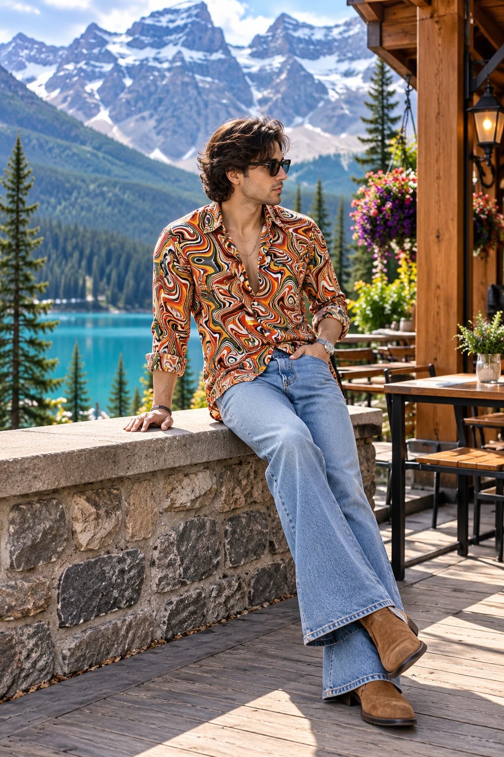 Man wearing a colorful paisley printed shirt with flared jeans and brown boots in Banff, Alberta.