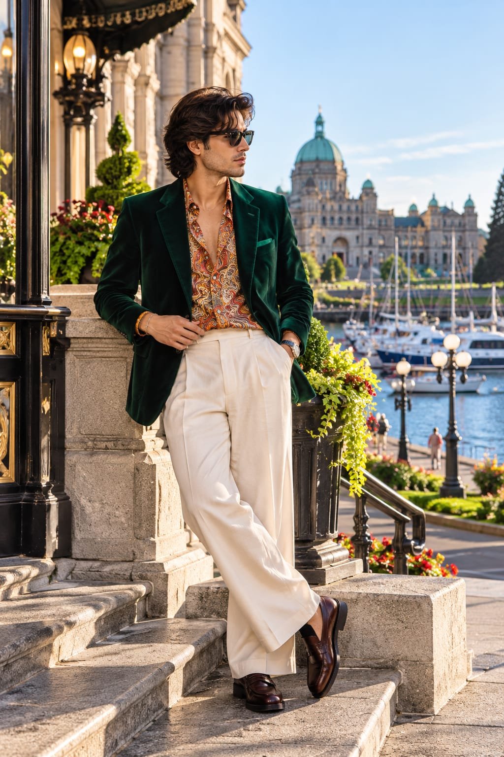 Man wearing an emerald velvet blazer, paisley shirt, cream wide-leg trousers, and brown loafers in a waterfront city.