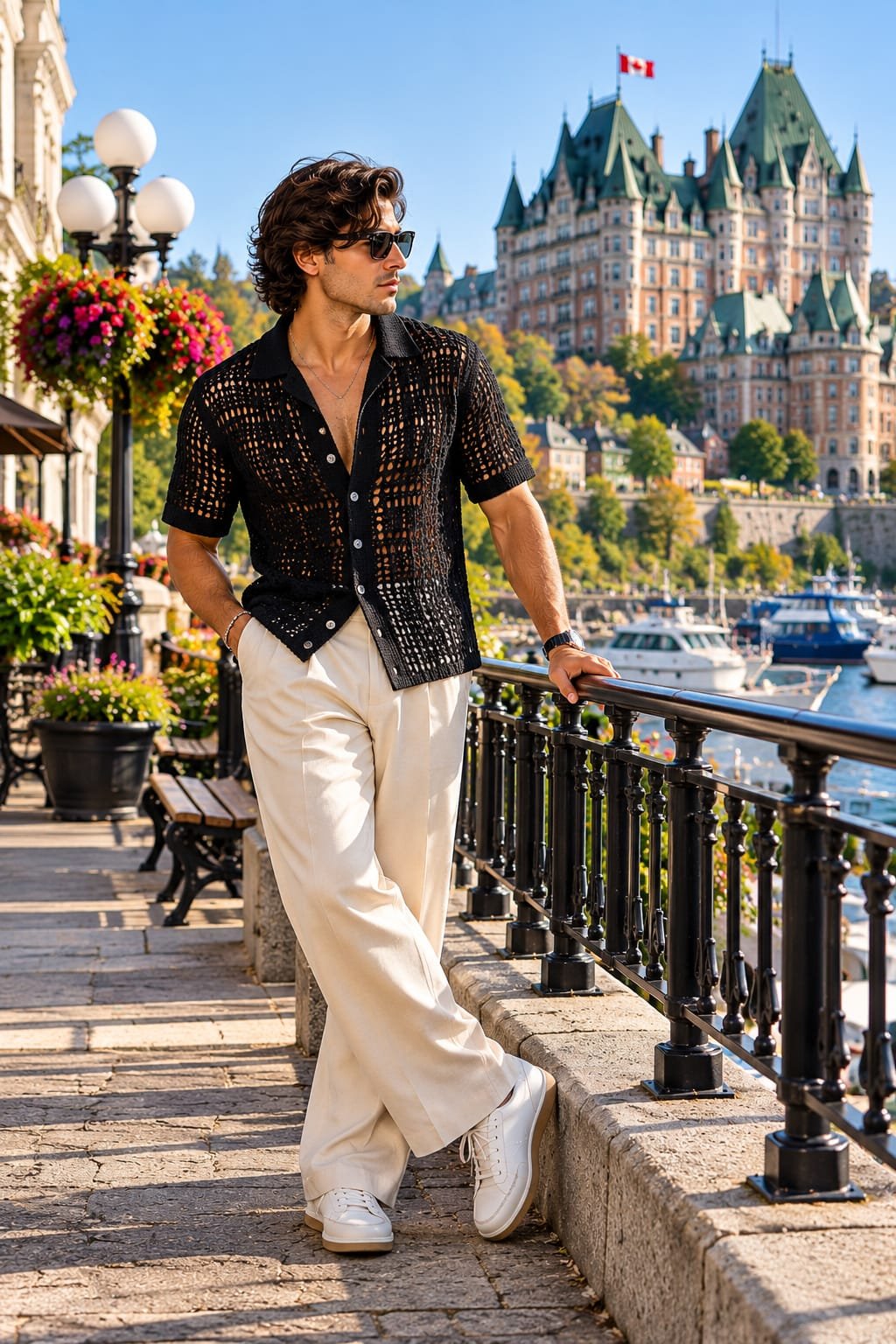 Man wearing a black crochet shirt with cream tailored trousers and white sneakers.