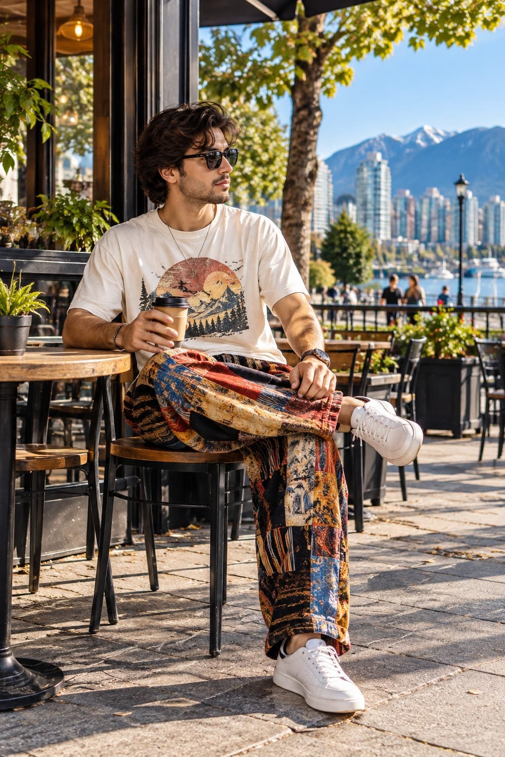 Man wearing a graphic tee with colorful patchwork trousers and white sneakers at a café.