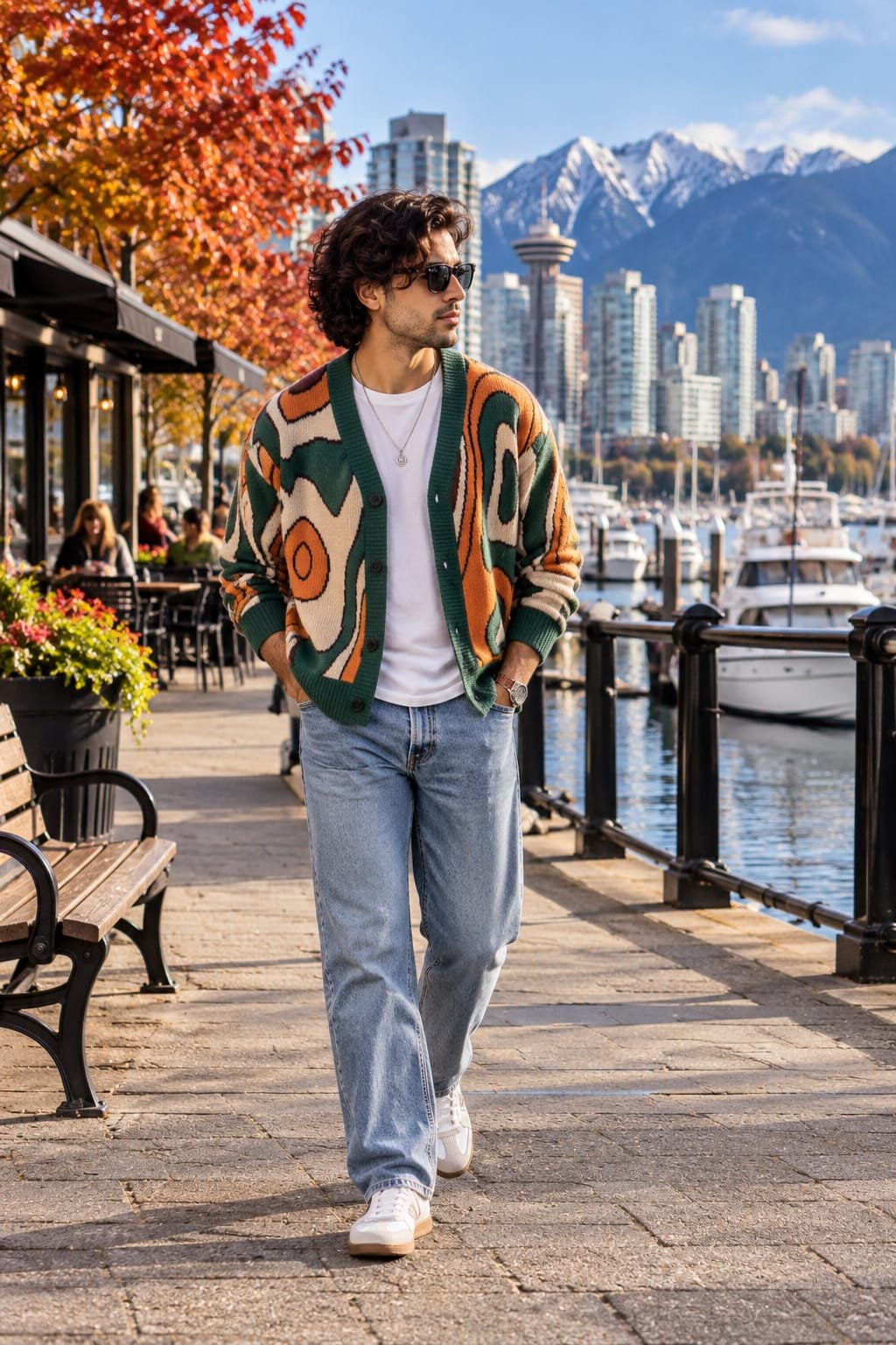 Man wearing a patterned cardigan, white tee, straight-leg jeans, and white sneakers.