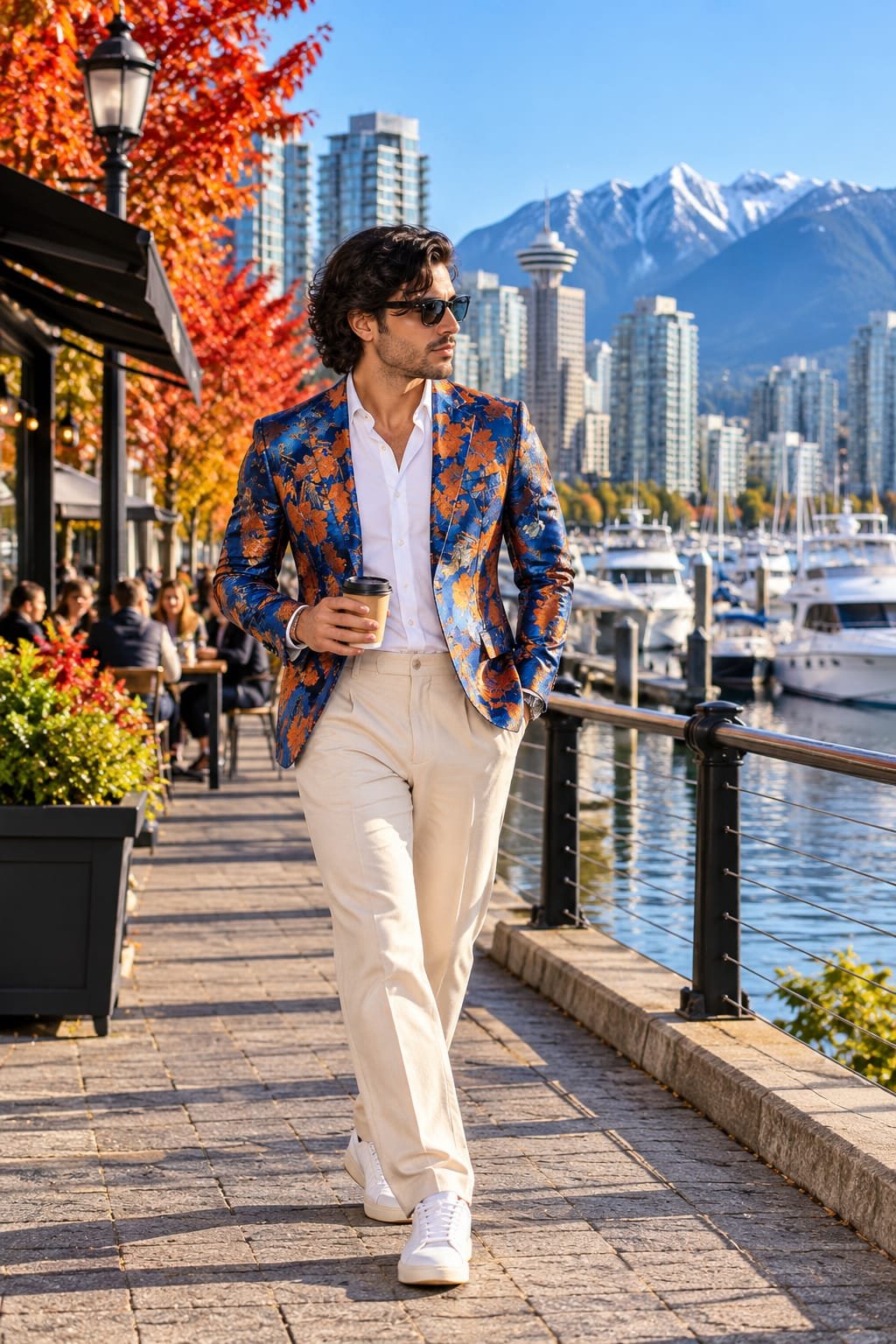 Man wearing a bright floral blazer with cream trousers and white sneakers.