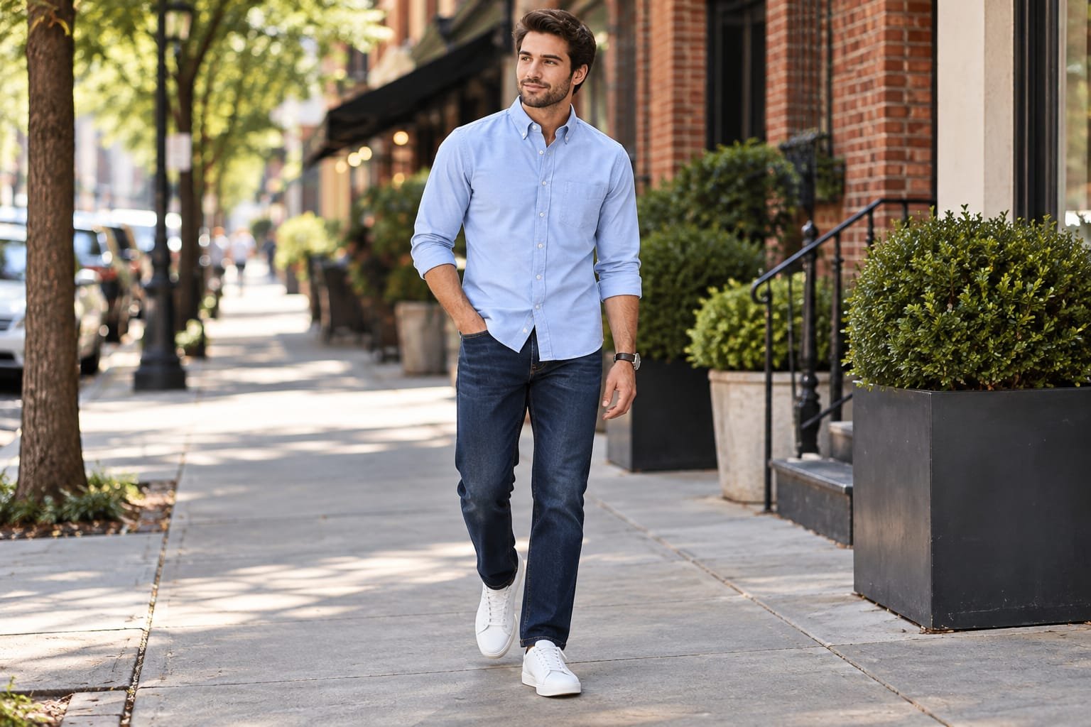 Man wearing a light blue Oxford shirt with dark-wash jeans and white sneakers.