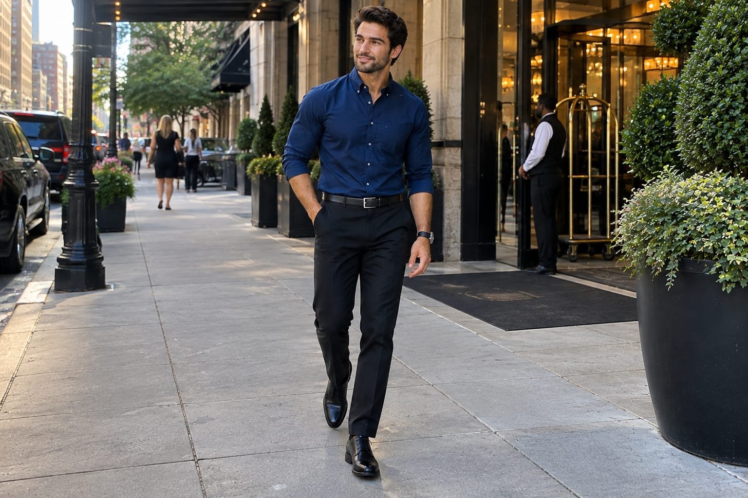 Man wearing a navy blue shirt with black tailored trousers and black shoes outside a city hotel.